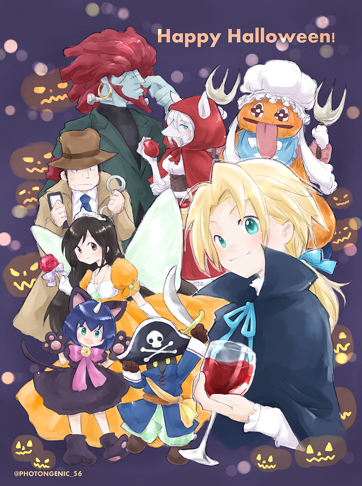 1other 3girls adelbert_steiner black_hair blonde_hair blue_eyes breasts brown_eyes brown_hair choker closed_mouth commentary_request dress eiko_carol final_fantasy final_fantasy_ix freija_crescent garnet_til_alexandros_xvii gloves happy_halloween hat jewelry long_hair looking_at_viewer multiple_boys multiple_girls necklace open_mouth quina_quen salamander_coral short_hair simple_background smile vivi_ornitier yuki56 zidane_tribal