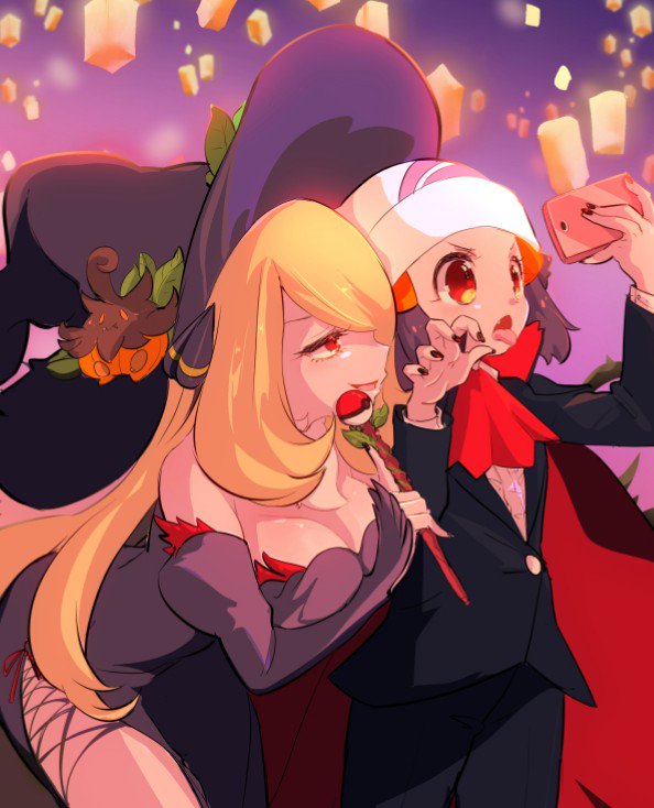 2girls beanie blonde_hair blue_eyes blue_hair breasts cellphone chorimokki cynthia_(pokemon) dawn_(pokemon) dress formal hair_ornament hair_over_one_eye hairclip halloween hat holding large_breasts long_hair multiple_girls open_mouth phone pokemon pokemon_(game) pokemon_dppt selfie smile suit very_long_hair