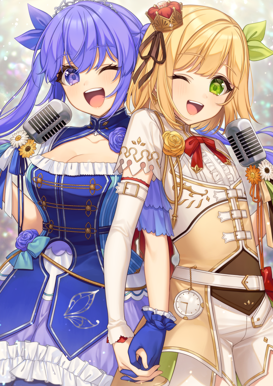 2girls ;d bangs blonde_hair blue_bow blue_dress blue_gloves bow breasts brown_flower center_frills cleavage commentary crown detached_sleeves dress english_commentary eyebrows_visible_through_hair flower frilled_dress frilled_skirt frills gloves green_eyes hair_between_eyes highres holding_hands interlocked_fingers karokuchitose long_hair medium_breasts microphone mini_crown multiple_girls nijisanji one_eye_closed open_mouth purple_eyes purple_flower purple_hair purple_rose purple_skirt rose shirt short_shorts short_sleeves shorts skirt smile suzuya_aki teeth tiara tilted_headwear twintails upper_teeth very_long_hair virtual_youtuber white_flower white_shirt white_shorts white_sleeves yellow_flower yellow_rose yuuki_chihiro