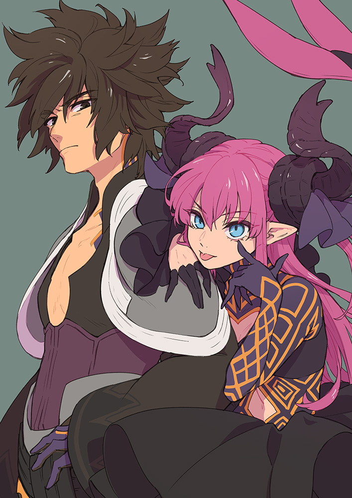 1boy 1girl archimedes_(fate) blue_eyes brown_eyes brown_hair elizabeth_bathory_(corroded) elizabeth_bathory_(fate) eyebrows_visible_through_hair fate/extella fate/extra fate_(series) gloves grey_background hair_between_eyes horns isshoku_(shiki) long_hair looking_at_viewer navel pink_hair pointy_ears simple_background tongue tongue_out