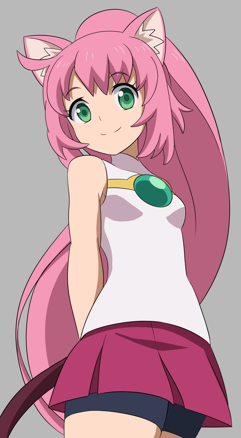 1girl animal_ears bike_shorts bike_shorts_under_skirt breasts cat_ears cat_tail closed_mouth green_eyes gundam gundam_build_divers highres kayama_kenji long_hair looking_at_viewer momo_(gundam_build_divers) pink_hair ponytail shirt simple_background skirt sleeveless small_breasts smile solo tail white_shirt yashiro_momoka