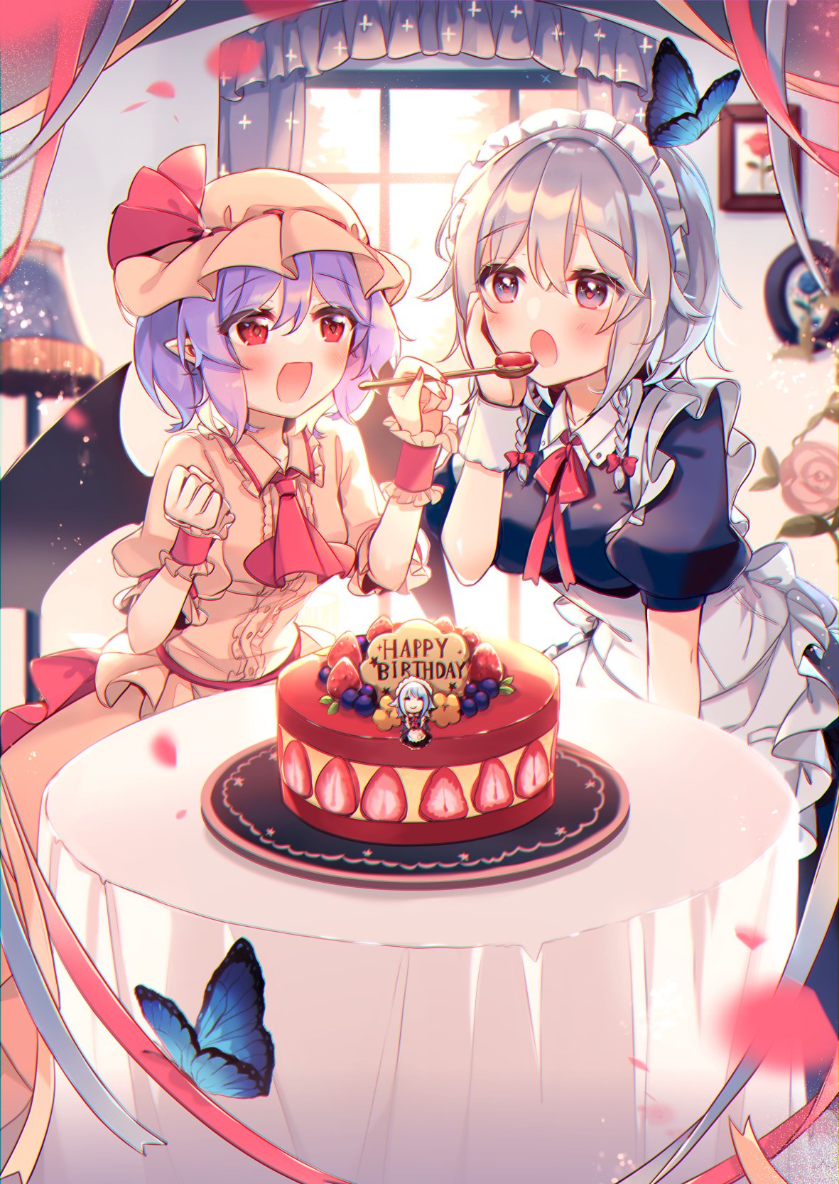 2girls animal apron ascot bat_wings blue_dress blue_eyes blush bow braid bug butterfly cake dress eyebrows_visible_through_hair fingernails food fruit hair_between_eyes hair_bow hat highres holding holding_spoon izayoi_sakuya kirero maid_apron maid_headdress mob_cap multiple_girls nail_polish open_mouth picture_(object) pink_dress pink_headwear pointy_ears puffy_short_sleeves puffy_sleeves purple_hair red_ascot red_bow red_eyes red_nails remilia_scarlet short_hair short_sleeves silver_hair smile spoon strawberry touhou twin_braids white_apron window wings