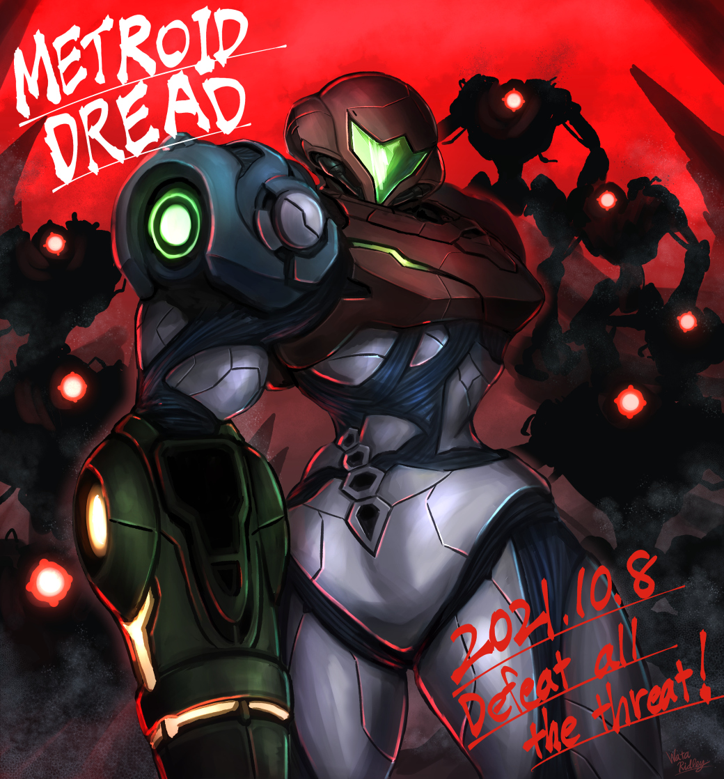 1girl arm_cannon e.m.m.i._(metroid) english_text engrish_text hidden_face looking_at_viewer metroid metroid_dread power_armor ranguage red_background red_eyes samus_aran visor wakaba_(wata_ridley) weapon