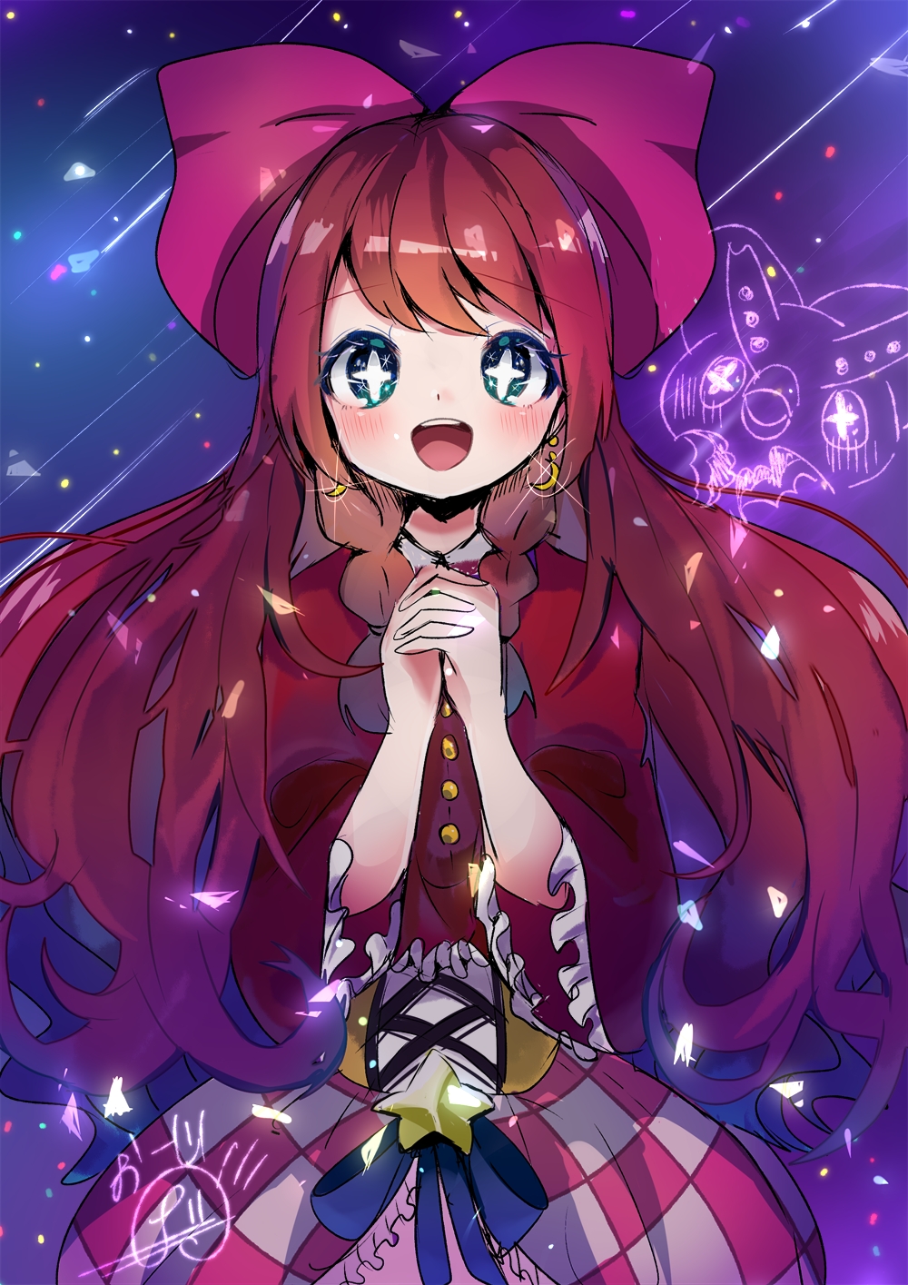 +_+ 1girl :d animal_crossing blue_eyes bow brown_hair celeste_(animal_crossing) dress earrings hair_bow herunia_kokuoji highres jewelry long_hair looking_at_viewer night night_sky open_mouth own_hands_clasped own_hands_together personification pink_bow shooting_star sky smile solo standing