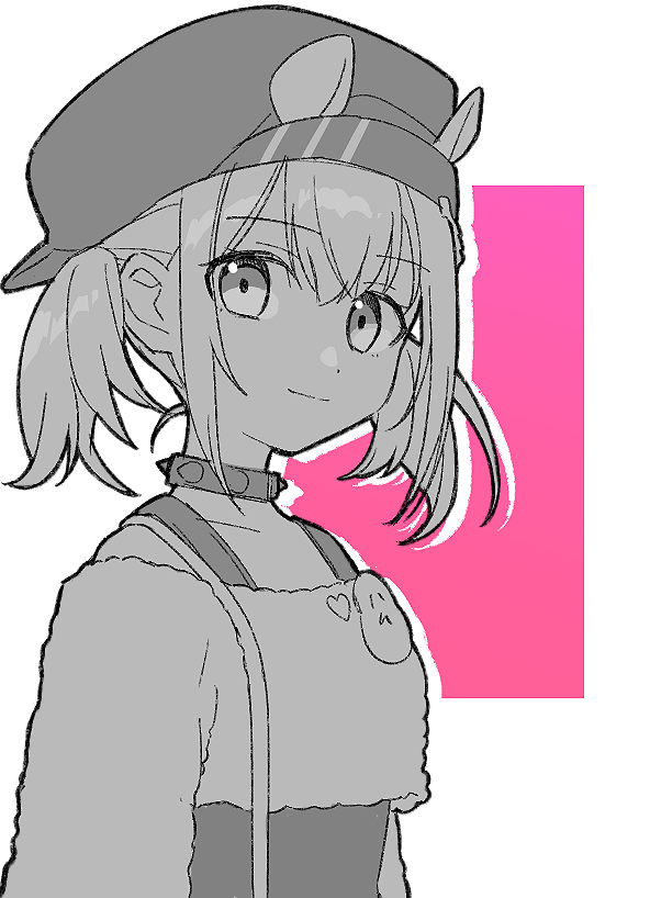 1girl backwards_hat bangs bare_shoulders cabbie_hat character_request closed_mouth collar collarbone commentary_request crop_top drop_shadow eyebrows_visible_through_hair hair_between_eyes hat looking_at_viewer off-shoulder_shirt off_shoulder pink_background project_sekai shirt short_twintails smile solo spiked_collar spikes twintails two-tone_background upper_body uso_(ameuzaki) white_background