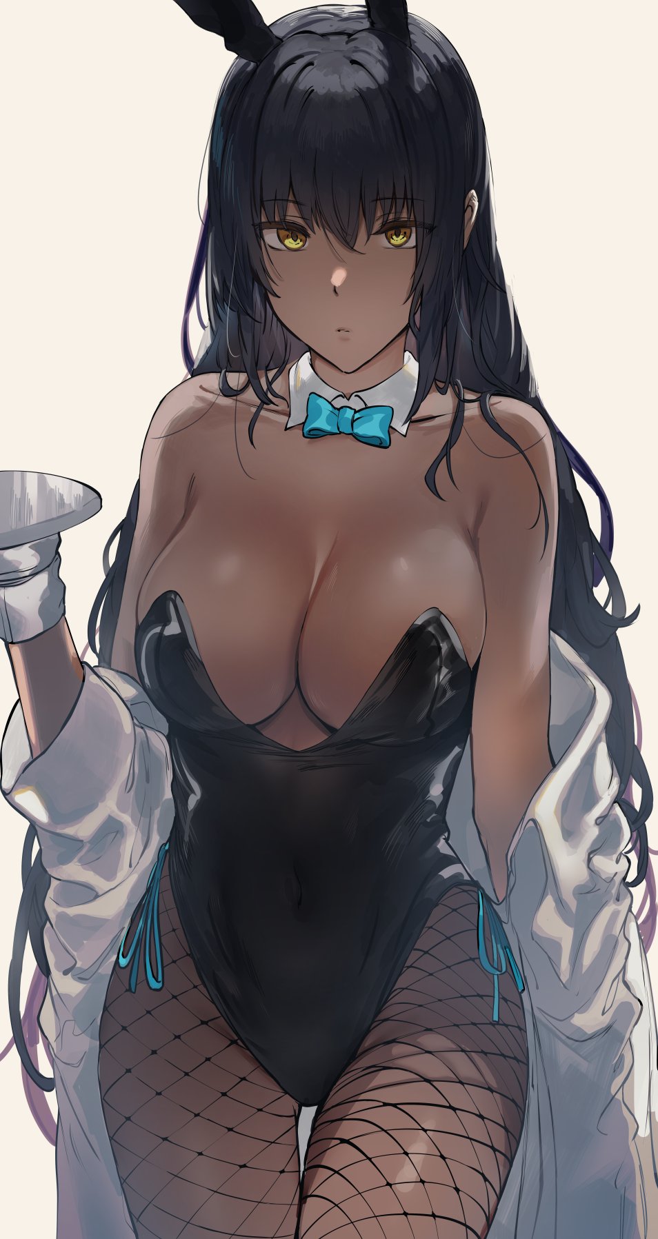 1girl animal_ears bangs bare_shoulders beige_background black_hair black_leotard blue_archive blue_bow blue_bowtie blush bow bowtie breasts cleavage dark-skinned_female dark_skin detached_collar fake_animal_ears fishnet_legwear fishnets gloves hair_down hews highleg highleg_leotard highres jacket karin_(blue_archive) large_breasts leotard long_hair long_sleeves looking_at_viewer off_shoulder open_clothes open_jacket playboy_bunny rabbit_ears simple_background solo strapless strapless_leotard thigh_gap thighs tray white_gloves white_jacket yellow_eyes