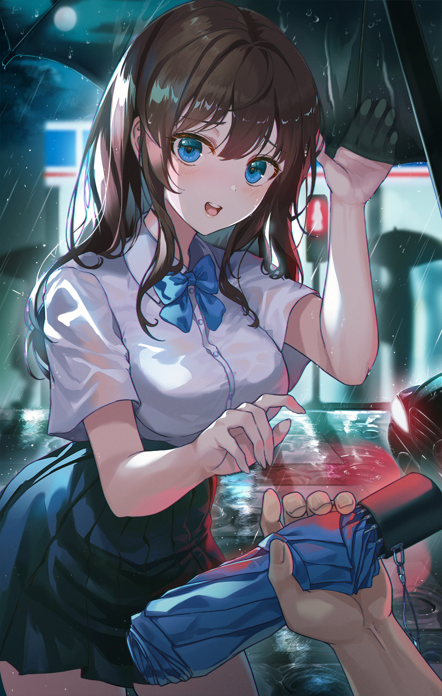 1boy 1girl arm_up bangs black_skirt blue_bow blue_bowtie blue_eyes blush bow bowtie breasts brown_hair car closed_umbrella collared_shirt cowboy_shot eyebrows_visible_through_hair ground_vehicle hand_up headlight helawid highres holding holding_umbrella long_hair looking_at_viewer medium_breasts motor_vehicle open_mouth original outdoors pleated_skirt pov pov_hands rain reaching school_uniform see-through shirt short_sleeves skirt solo_focus standing traffic_light umbrella water wet wet_clothes white_shirt