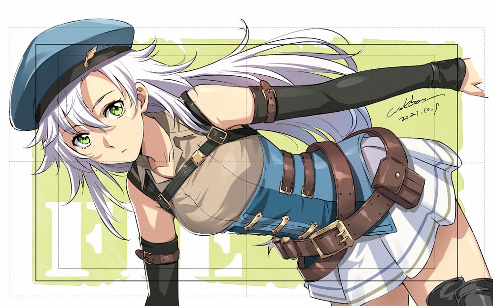 1girl arm_strap bangs belt belt_pouch beret black_legwear blue_headwear breasts brown_belt brown_shirt character_name closed_mouth collared_shirt commentary corset cowboy_shot dated dated_commentary detached_sleeves dutch_angle eiyuu_densetsu expressionless eyebrows_visible_through_hair fie_claussell green_background green_eyes hair_between_eyes hat hat_ornament kuro_no_kiseki long_hair looking_at_viewer medium_breasts military_hat miniskirt multiple_belts parted_bangs pleated_skirt pouch shirt signature silver_hair simple_background skirt sleeveless sleeveless_shirt solo strap thighhighs underbust werkbau white_skirt wing_collar zettai_ryouiki