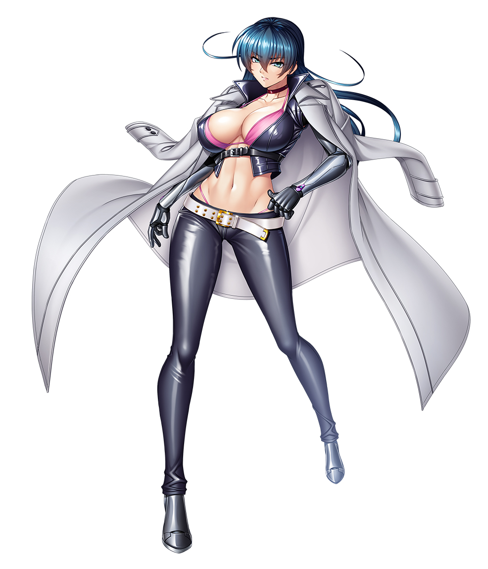 1girl bangs bikini bikini_top breasts choker cleavage coat coat_on_shoulders cropped_jacket full_body green_eyes holding igawa_asagi jacket knife large_breasts leather leather_jacket leather_pants long_hair looking_at_viewer mechanical_arms navel official_art pants simple_background solo swimsuit taimanin_(series) taimanin_asagi taimanin_rpgx thong zol