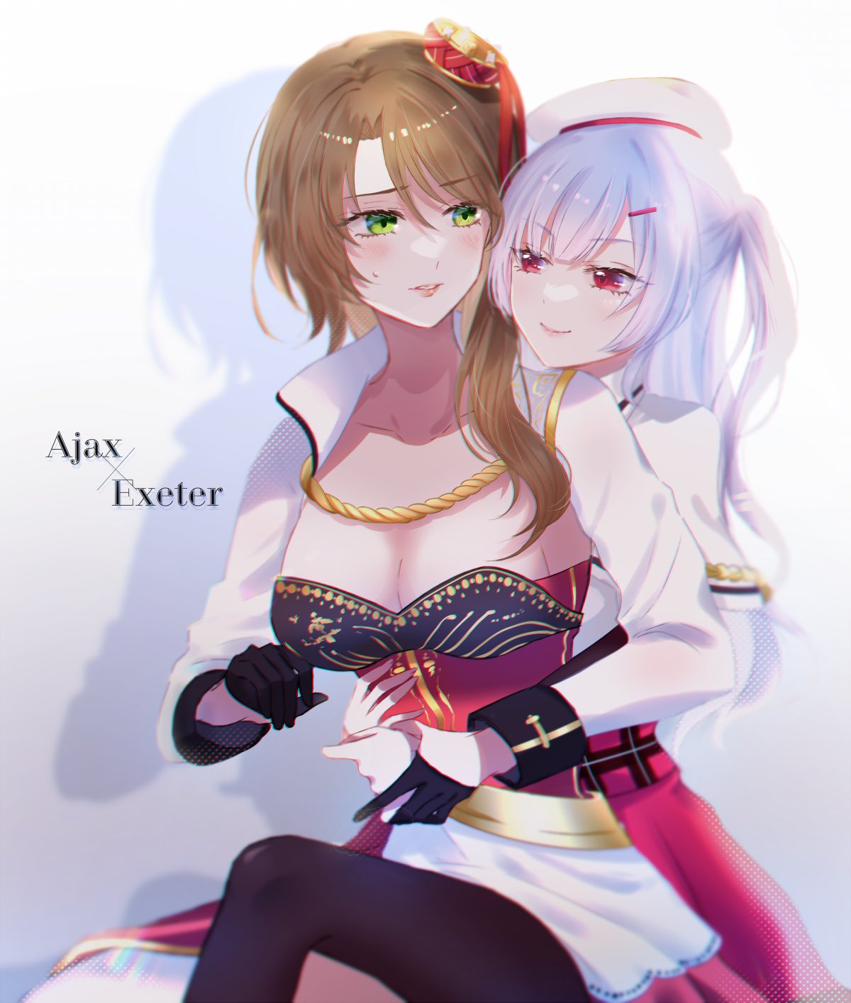 2girls ajax_(azur_lane) azur_lane beret black_gloves black_legwear blush breasts brown_hair character_name cleavage closed_mouth collarbone commentary_request commission exeter_(azur_lane) eyebrows_visible_through_hair feet_out_of_frame gloves green_eyes hair_ornament hairclip hat highres hug hug_from_behind large_breasts lips long_hair looking_at_another mini_hat multiple_girls pantyhose red_eyes shadow side_ponytail silver_hair simple_background sitting sitting_on_person skeb_commission smile sui_(camellia) sweatdrop yuri