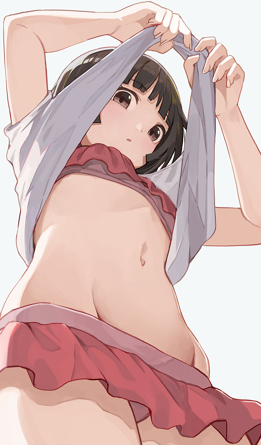 1girl bangs bikini blue_background blunt_bangs brown_eyes brown_hair eyebrows_visible_through_hair frilled_bikini frills highres hiroki_(yyqw7151) lifted_by_self long_hair looking_at_viewer monogatari_(series) navel red_bikini sengoku_nadeko short_hair simple_background solo swimsuit