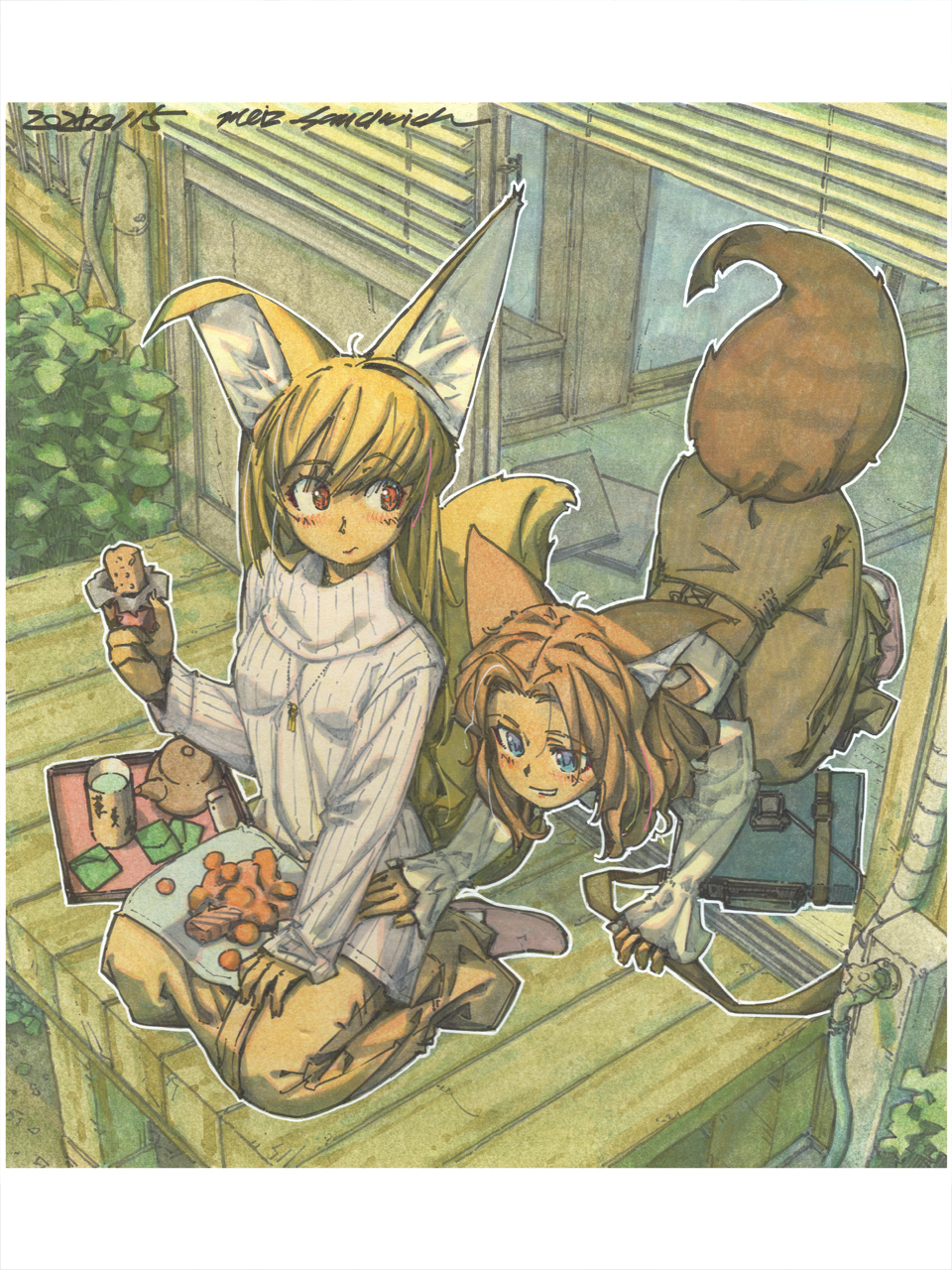 2girls all_fours animal_ears bag blonde_hair blue_eyes brown_hair food fox_ears fox_girl fox_tail handbag highres kneeling long_skirt meiz multiple_girls original painting_(medium) porch red_eyes ribbed_sweater shikishi skirt sweater tail teapot traditional_media turtleneck turtleneck_sweater watercolor_(medium)