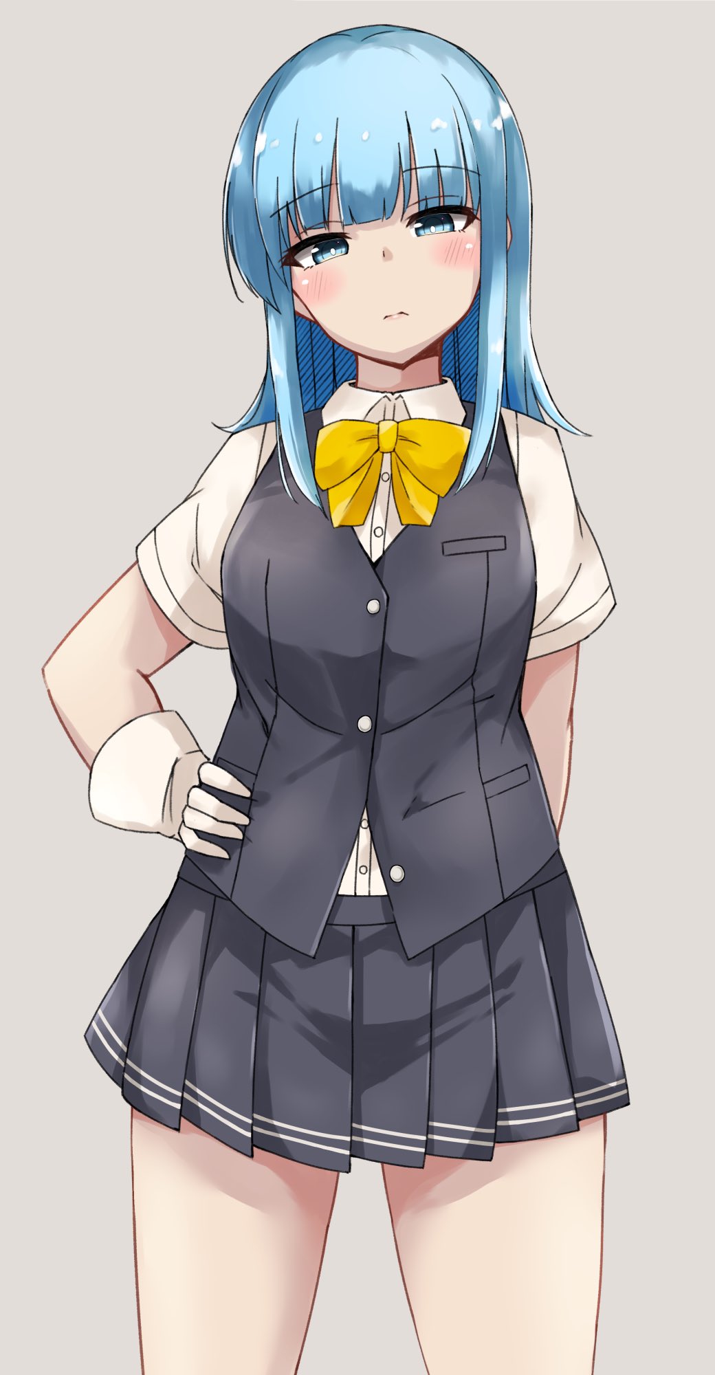 1girl ascot black_skirt black_vest blouse blue_eyes blue_hair blush closed_mouth commentary eyebrows_visible_through_hair grey_background hand_on_hip hatsukaze_(kancolle) highres hime_cut kantai_collection long_hair looking_at_viewer pleated_skirt simple_background skirt solo vest wasumi_kei white_blouse yellow_ascot