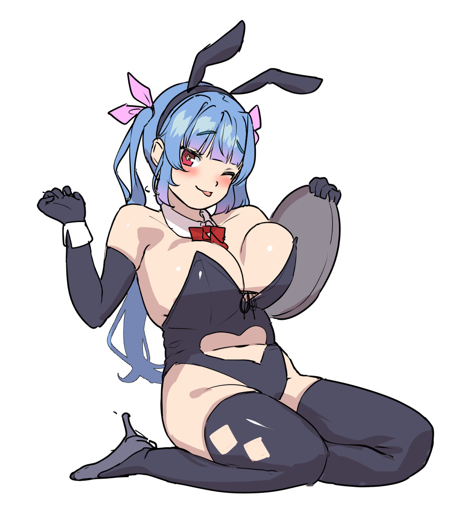 1girl animal_ears black_gloves black_legwear black_leotard blue_hair bow bowtie breasts detached_collar elbow_gloves fake_animal_ears gloves high_heels i-19_(kancolle) kantai_collection large_breasts leotard long_hair looking_at_viewer one_eye_closed playboy_bunny rabbit_ears rabbit_tail red_eyes satsuki_neko simple_background solo strapless strapless_leotard tail thighhighs tongue tongue_out tray twintails white_background
