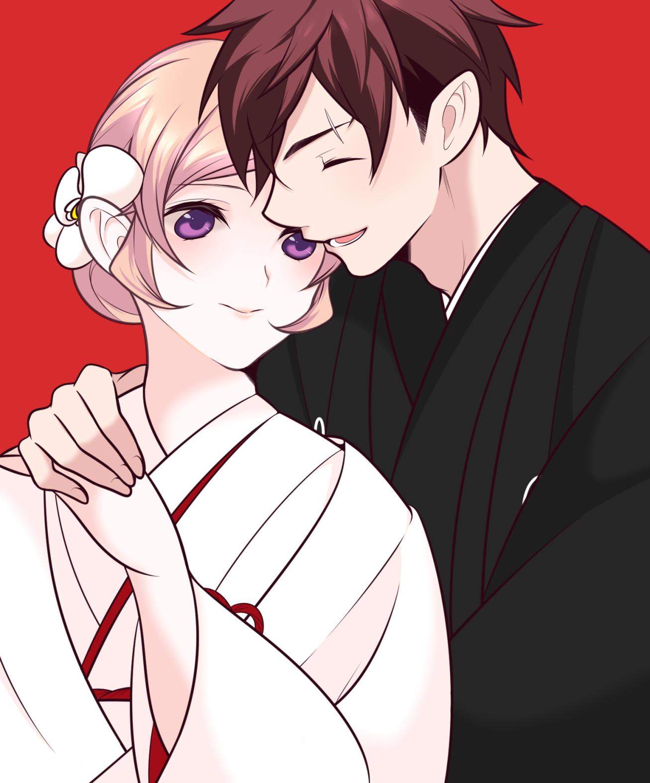 1boy 1girl black_kimono blonde_hair blush closed_eyes couple hair_ornament hairclip happy highres husband_and_wife japanese_clothes kimono married nakiri_erina purple_eyes red_hair s2kns1 shokugeki_no_souma short_hair uchikake wedding white_kimono yukihira_souma