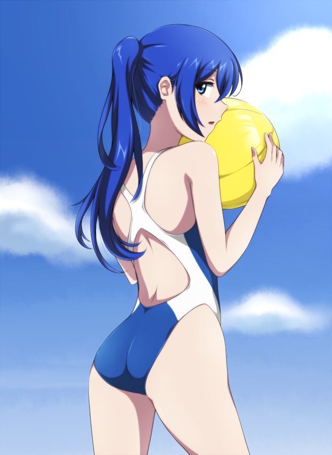 1girl alternate_hairstyle ass astarte_(strike_the_blood) ball blue_eyes blue_hair blue_sky cloud competition_swimsuit cowboy_shot holding holding_ball long_hair looking_at_viewer looking_back one-piece_swimsuit open_mouth ponytail shiny shiny_hair sky solo standing strike_the_blood swimsuit yyi