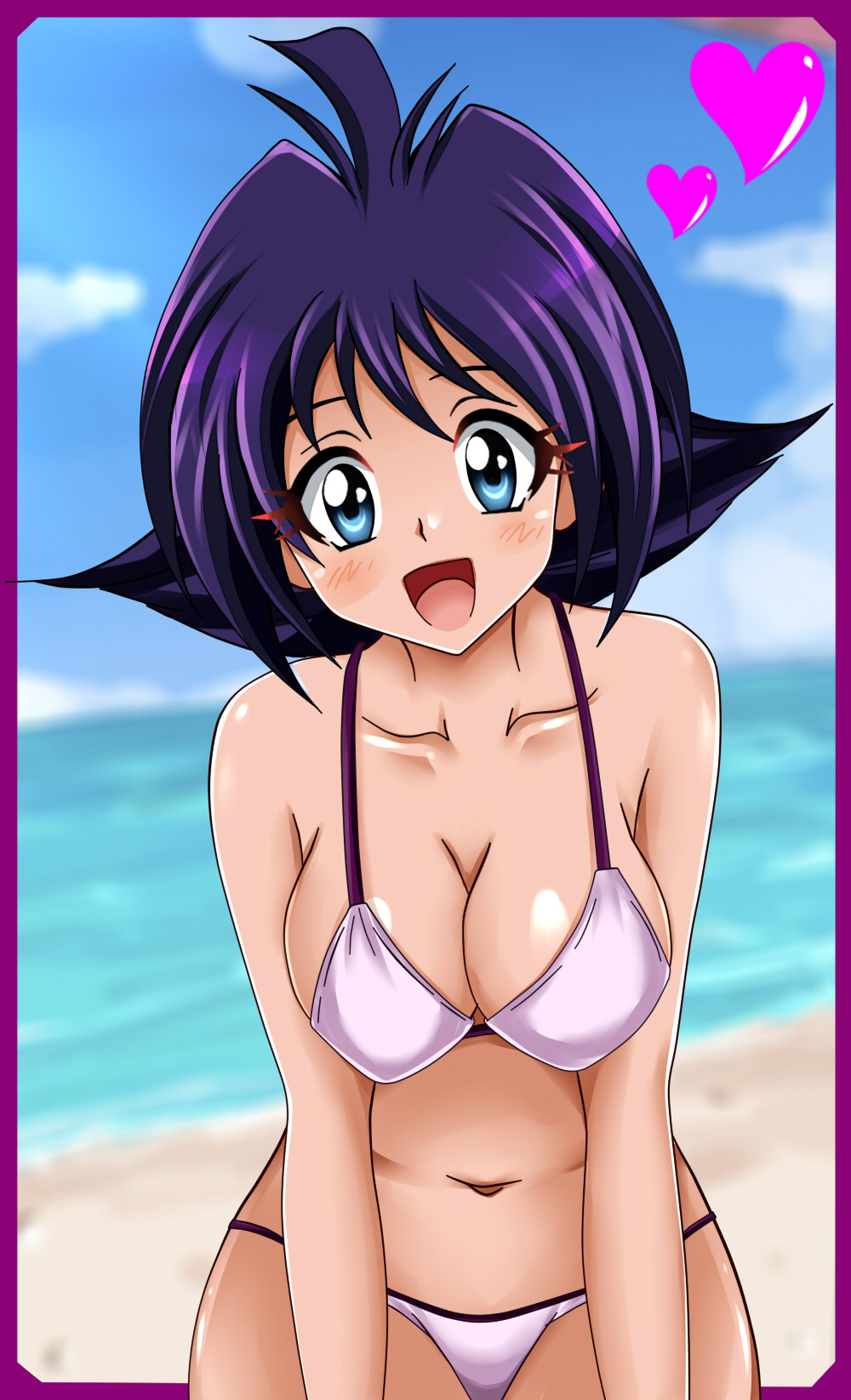 1girl :d amelia_wil_tesla_seyruun beach bikini blue_eyes blue_hair blue_sky blurry blurry_background blush breasts cleavage collarbone day heart highres large_breasts leaning_forward long_hair looking_at_viewer navel ocean open_mouth outdoors shiguko shiny shiny_skin sideboob sky slayers smile standing swimsuit white_bikini