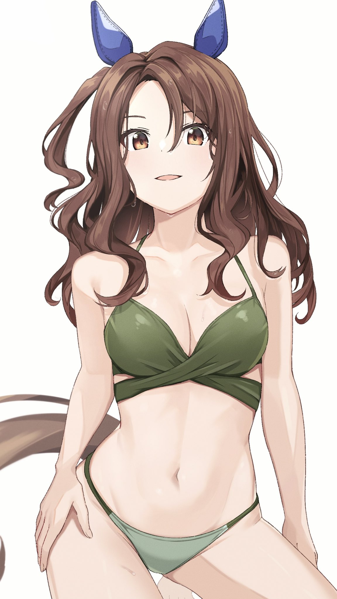 1girl animal_ears bangs bare_arms beige_background bikini breasts brown_hair cleavage collarbone commentary_request green_bikini groin halter_top halterneck highres horse_ears horse_girl horse_tail king_halo_(umamusume) long_hair looking_at_viewer medium_breasts navel open_mouth shinokichi_draw simple_background solo swimsuit tail umamusume wet wet_hair