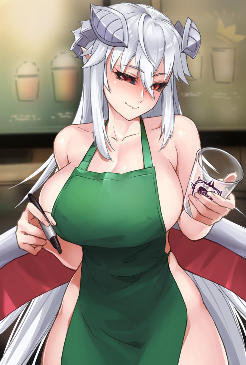 1girl apron bangs black_sclera breasts collarbone colored_sclera commentary cup demon_girl demon_horns disposable_cup english_commentary eyebrows_visible_through_hair eyes_visible_through_hair green_apron hair_between_eyes highres holding holding_cup holding_marker horns iced_latte_with_breast_milk_(meme) indoors large_breasts lilim_(monster_girl_encyclopedia) long_hair looking_at_viewer mari_(maritan) maritan_(pixelmaritan) marker meme monster_girl_encyclopedia naked_apron original pointy_ears red_eyes sideboob silver_hair smile solo wings