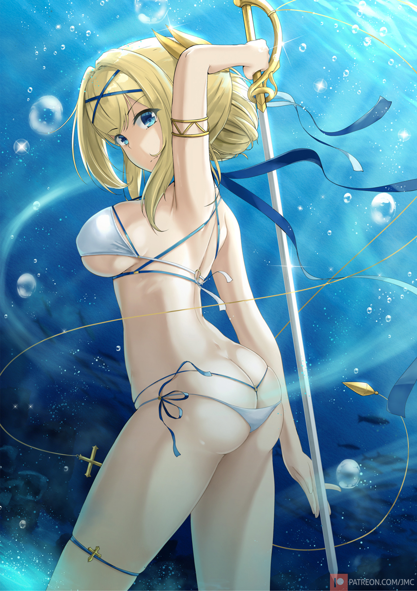 1girl arm_behind_head armlet armpits ass azur_lane bangs bare_back bikini blonde_hair blue_eyes breasts butt_crack cleavage commentary_request eyebrows_visible_through_hair from_behind hair_between_eyes hairband head_tilt highres holding holding_sword holding_weapon jeanne_d'arc_(azur_lane) jeanne_d'arc_(saintess_of_the_sea)_(azur_lane) joko_jmc large_breasts long_hair looking_at_viewer looking_back midriff official_alternate_costume saber_(weapon) side-tie_bikini sidelocks smile solo swimsuit sword weapon white_bikini