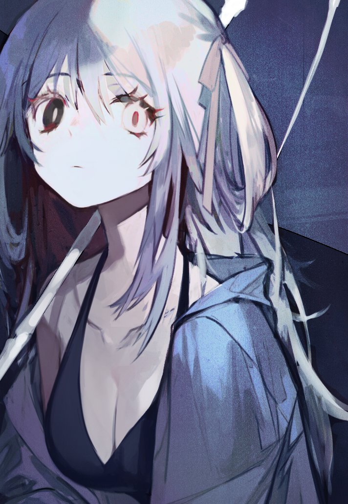 1girl black_bra black_eyes bra breasts cleavage closed_mouth grey_jacket hair_ribbon heterochromia hood hood_down hooded_jacket jacket large_breasts looking_at_viewer mo_(mocopo) open_clothes open_jacket original ribbon solo two_side_up underwear white_eyes