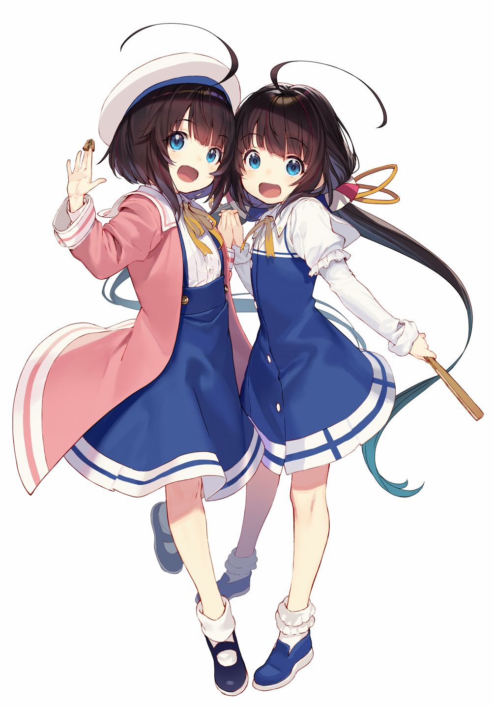 2girls :d ahoge beret black_footwear blue_eyes blue_footwear brown_hair commentary_request dual_persona eyebrows_visible_through_hair full_body hand_fan hat highres hinatsuru_ai holding holding_fan long_hair long_sleeves looking_at_viewer low_twintails multiple_girls open_mouth ribbon ryuuou_no_oshigoto! school_uniform shirabi shoes shogi_piece short_hair silver_hair smile standing time_paradox twintails white_background white_headwear yellow_neckwear yellow_ribbon