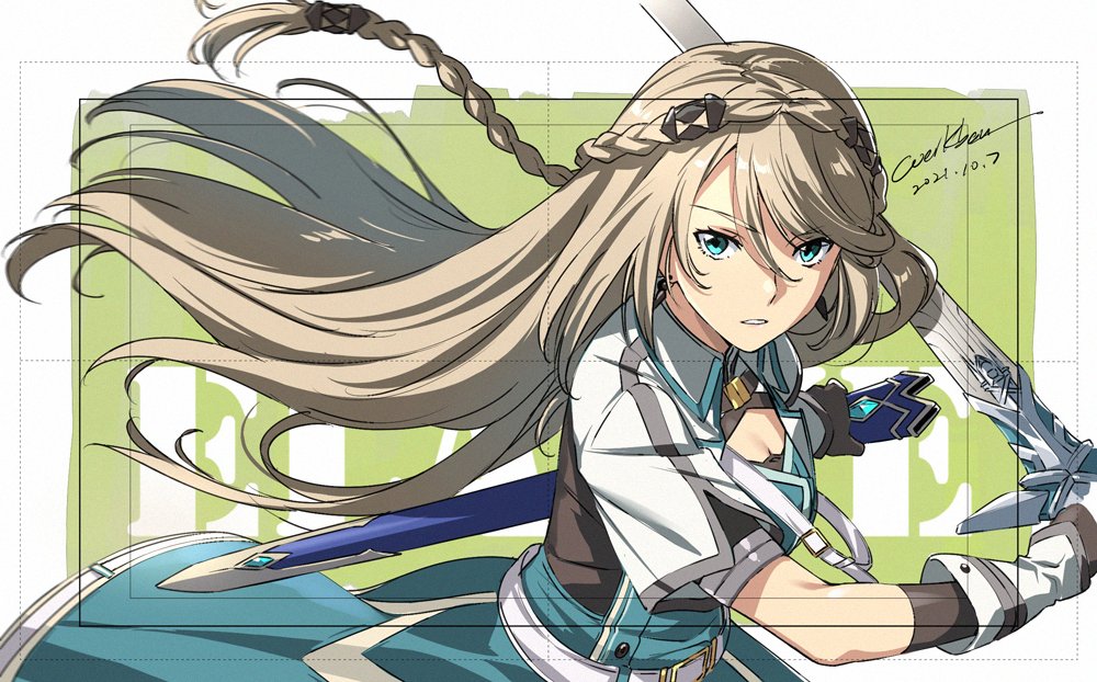 1girl aqua_eyes bangs belt black_gloves black_shirt blonde_hair blue_coat braid breasts character_name cleavage closed_mouth coat commentary crown_braid dated dated_commentary earrings eiyuu_densetsu elaine_auclair expressionless eyebrows_visible_through_hair floating_hair gloves green_background holding holding_sword holding_weapon jacket jewelry kuro_no_kiseki long_hair looking_at_viewer medium_breasts parted_lips scabbard sheath shirt signature simple_background solo swept_bangs sword unsheathed upper_body weapon werkbau white_belt white_jacket wing_collar