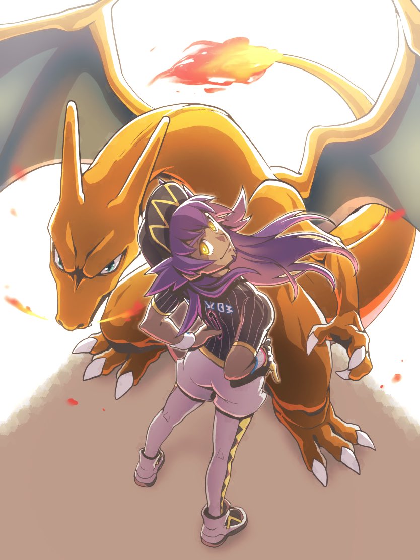 1boy baseball_cap champion_uniform charizard closed_mouth commentary_request dark-skinned_male dark_skin dynamax_band facial_hair fire flame gloves hands_on_hips hat leggings leon_(pokemon) long_hair looking_at_viewer looking_back looking_up male_focus nagi_(exsit00) pokemon pokemon_(creature) pokemon_(game) pokemon_swsh purple_hair shirt shoes short_shorts short_sleeves shorts single_glove smile standing tail-tip_fire white_legwear white_shorts yellow_eyes
