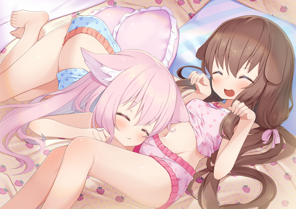 2girls :&lt; animal_ear_fluff animal_ears arashiya arms_up azur_lane barefoot bed blue_camisole blue_panties blush breasts brown_hair camisole camisole_lift cat_ears cat_girl closed_eyes commission commissioner_upload dog_ears dog_girl feet fumizuki_(azur_lane) head_on_another's_stomach indoors kisaragi_(azur_lane) laughing lifted_by_another long_hair low_twintails lying multiple_girls navel no_tail nuzzle on_back on_side open_mouth panties paw_pose pillow pink_camisole pink_hair pink_panties pixiv_request print_camisole print_panties ribbon small_breasts smile thighs toes twintails underwear underwear_only very_long_hair