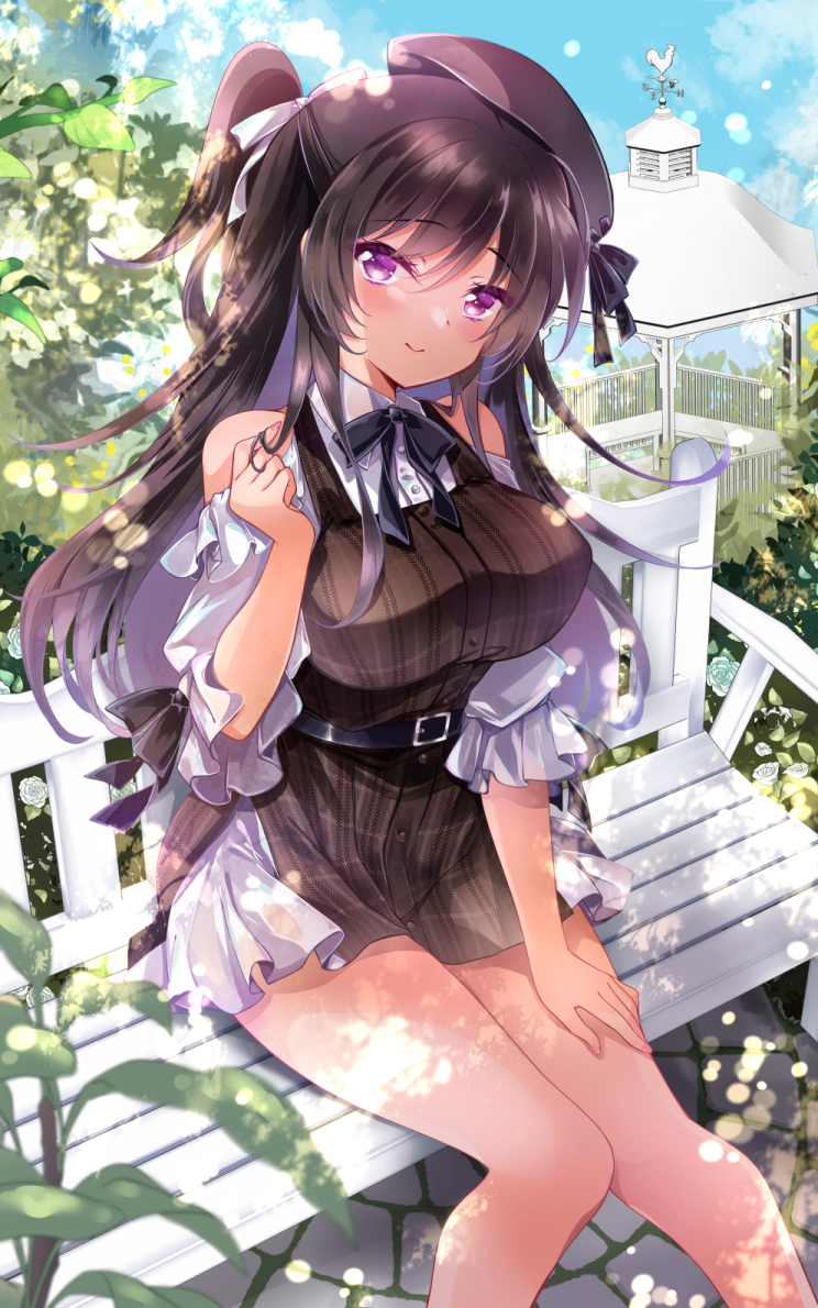 1girl bad_id bad_pixiv_id bare_shoulders belt beret black_belt black_hair breasts chair closed_mouth clothing_cutout cloud commentary_request day eyebrows_visible_through_hair feet_out_of_frame flower frilled_skirt frills hair_ornament hair_ribbon hand_on_own_thigh hat ichiyou_moka large_breasts leaf long_hair looking_at_viewer medium_breasts original outdoors playing_with_own_hair purple_eyes ribbon shirt shoulder_cutout sitting skirt smile solo takanashi_iori_(ichiyou_moka) tree white_flower white_ribbon