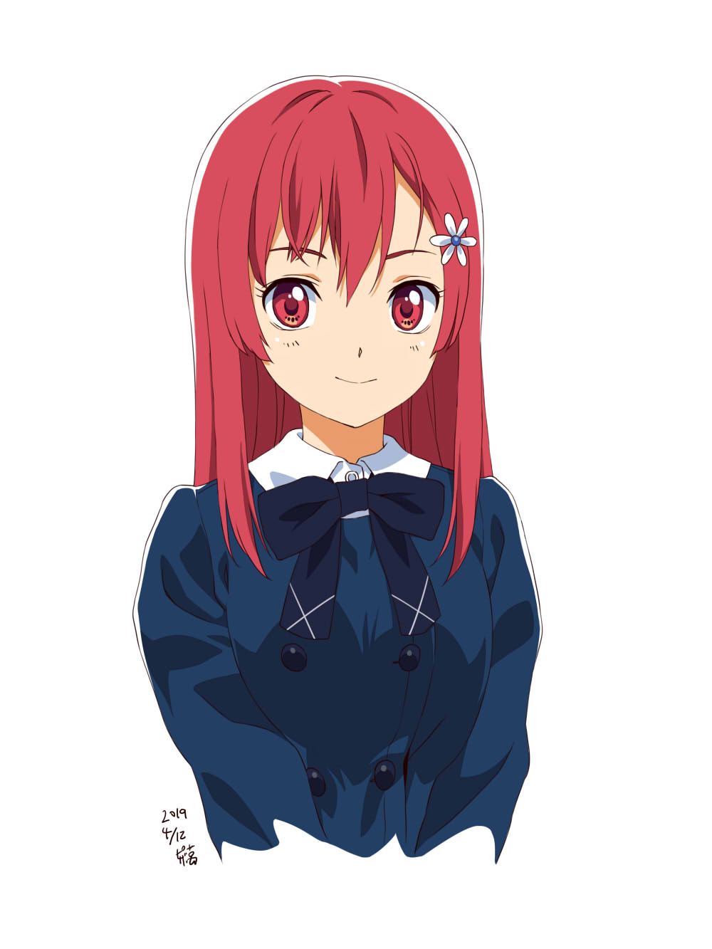 1girl 2019 22/7 blue_bow blue_hair blue_jacket bow dated flower hair_ornament hairclip highres jacket long_hair looking_at_viewer pizza_man red_eyes red_hair satou_reika school_uniform serafuku simple_background smile solo upper_body white_background