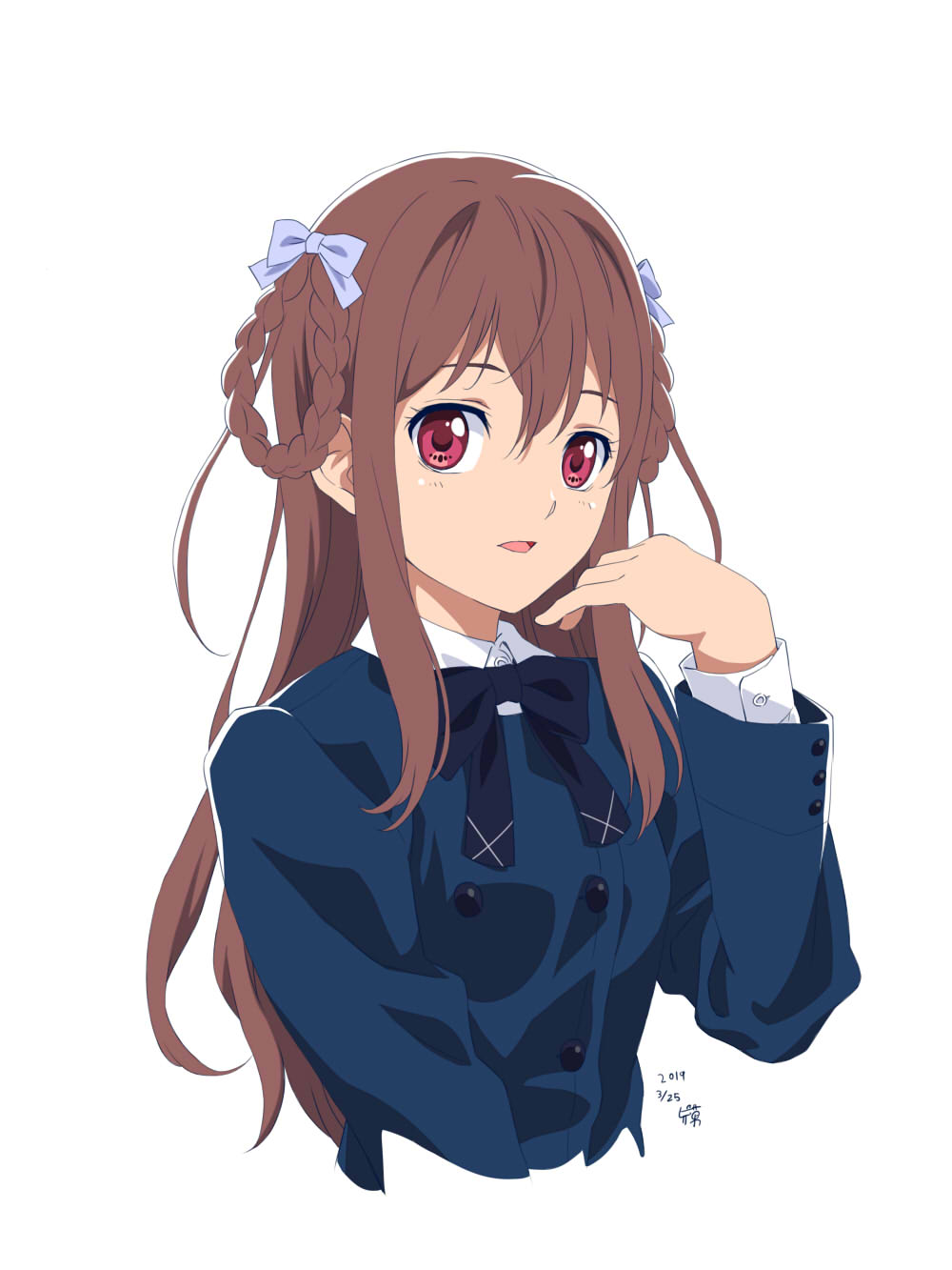 1girl 2019 22/7 blue_bow blue_hair blue_jacket bow braid brown_hair dated hair_ornament hair_rings highres jacket long_hair looking_at_viewer neck_ribbon open_mouth pizza_man purple_eyes ribbon school_uniform shirt simple_background smile solo tachikawa_ayaka upper_body white_background