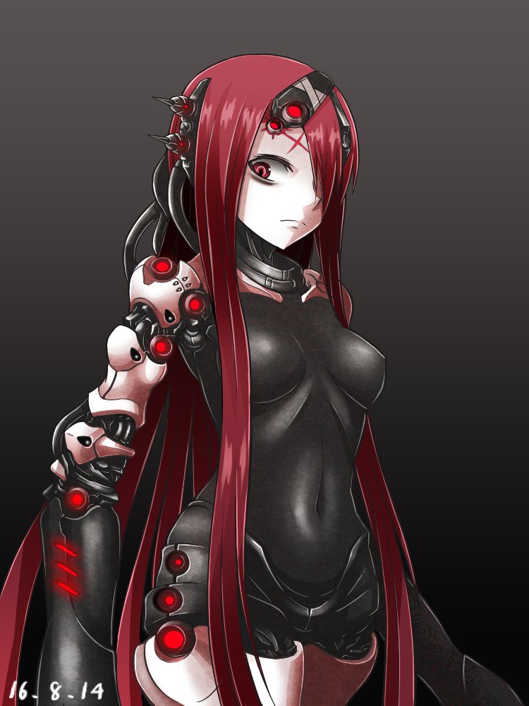 1girl android arm_cannon blame! breasts hair_over_one_eye halulu joints long_hair looking_at_viewer maeve_(blame!) medium_breasts navel red_eyes red_hair robot_joints simple_background solo standing weapon