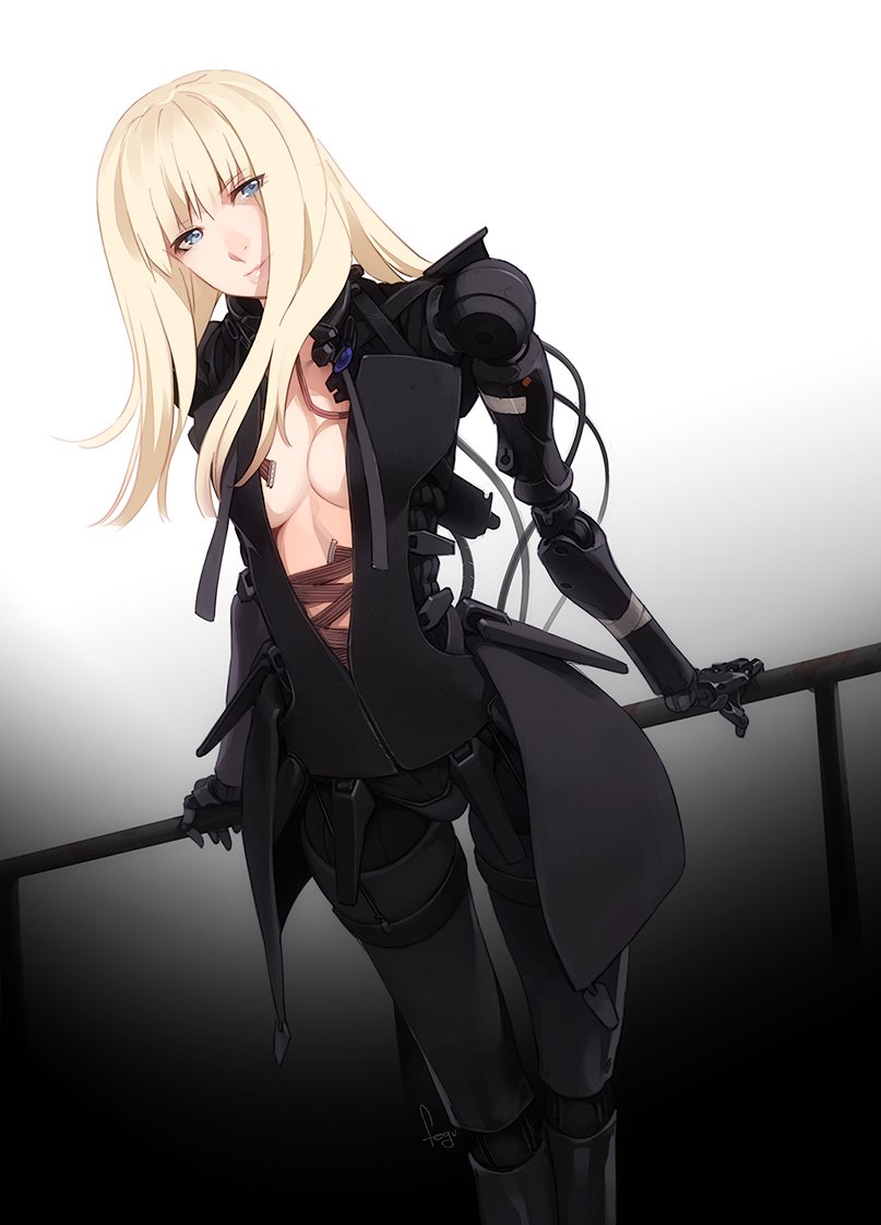 1girl blame! blonde_hair blue_eyes bodysuit breasts cibo cleavage closed_mouth commentary cyberpunk cyborg feguimel gloves joints long_hair looking_at_viewer mechanical_arms open_clothes open_shirt robot_joints smile solo