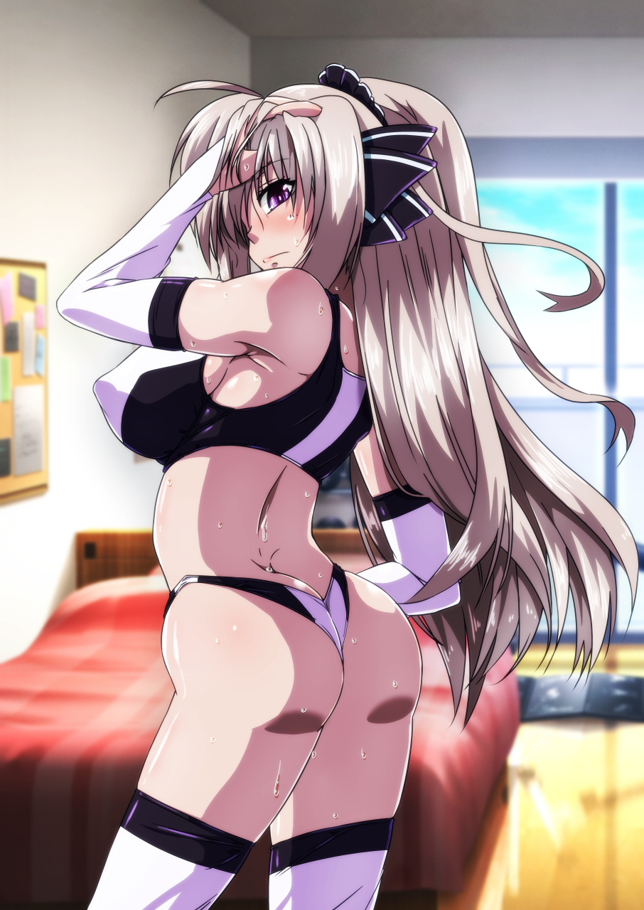 1girl ass black_sports_bra breasts elbow_gloves from_behind gloves highres indoors large_breasts long_hair looking_at_viewer looking_back lyrical_nanoha purple_eyes rinne_berlinetta shiny shiny_hair shiny_skin silver_hair solo sports_bra sportswear standing sweat tappa_(esperanza) thighhighs vivid_strike! white_gloves white_legwear