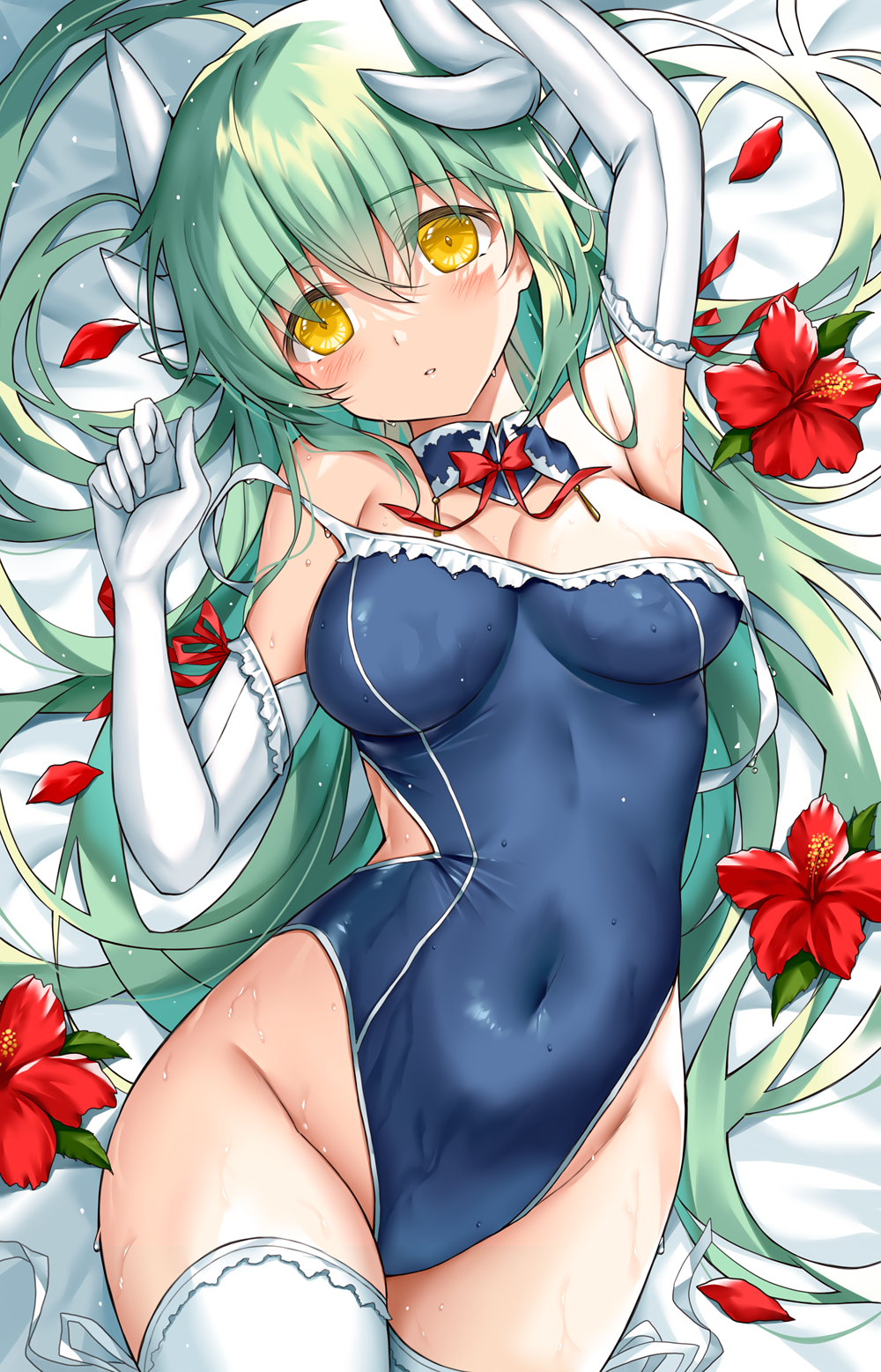 areola_slip areolae arm_up armpits bangs bare_shoulders blue_swimsuit blush breasts cleavage covered_navel dragon_girl dragon_horns elbow_gloves eyebrows_visible_through_hair fate/grand_order fate_(series) flower gloves green_hair highres horns kiyohime_(fate) kiyohime_(swimsuit_lancer)_(fate) large_breasts long_hair looking_at_viewer lying morizono_shiki on_back one-piece_swimsuit parted_lips petals swimsuit thighhighs thighs white_gloves white_legwear yellow_eyes