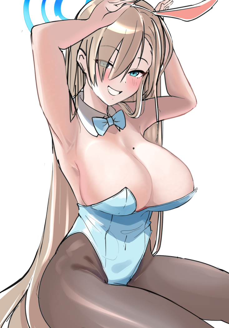 1girl animal_ears armpits arms_behind_head arms_up asuna_(blue_archive) bangs bare_shoulders blue_archive blue_leotard blush bow bowtie breasts cleavage fake_animal_ears gloves grin hair_over_one_eye large_breasts leotard light_brown_hair long_hair looking_at_viewer mitche mole mole_on_breast pantyhose playboy_bunny smile solo strapless strapless_leotard thighs white_gloves