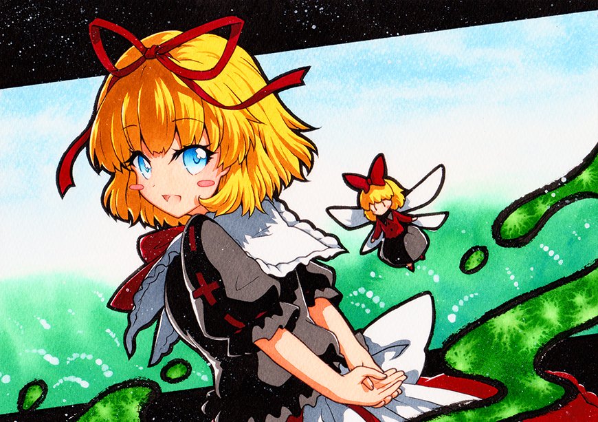 1girl blonde_hair blue_eyes bow bubble_skirt frilled_shirt frilled_sleeves frills medicine_melancholy puffy_short_sleeves puffy_sleeves qqqrinkappp red_bow red_neckwear red_ribbon ribbon shirt short_hair short_sleeves skirt solo touhou traditional_media wavy_hair