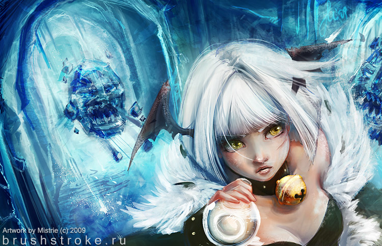 1girl bangs bell black_wings bottle breasts choker cleavage commentary dated demon_wings ekaterina_orange english_commentary fur-trimmed_jacket fur_trim gazeti head_wings holding holding_bottle ice ice_cave jacket jingle_bell looking_to_the_side medium_breasts monster neck_bell open_clothes open_jacket open_mouth potion ragnarok_online rogue_(ragnarok_online) short_hair signature upper_body watermark web_address white_hair wings