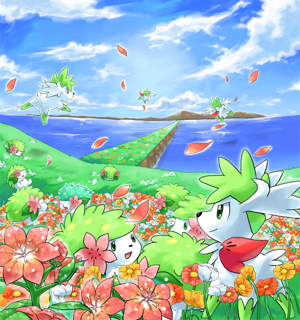 :d closed_mouth cloud commentary_request d-nezumi day flower grass green_eyes no_humans open_mouth outdoors petals pokemon pokemon_(creature) shaymin shaymin_(land) shaymin_(sky) sky smile tongue water