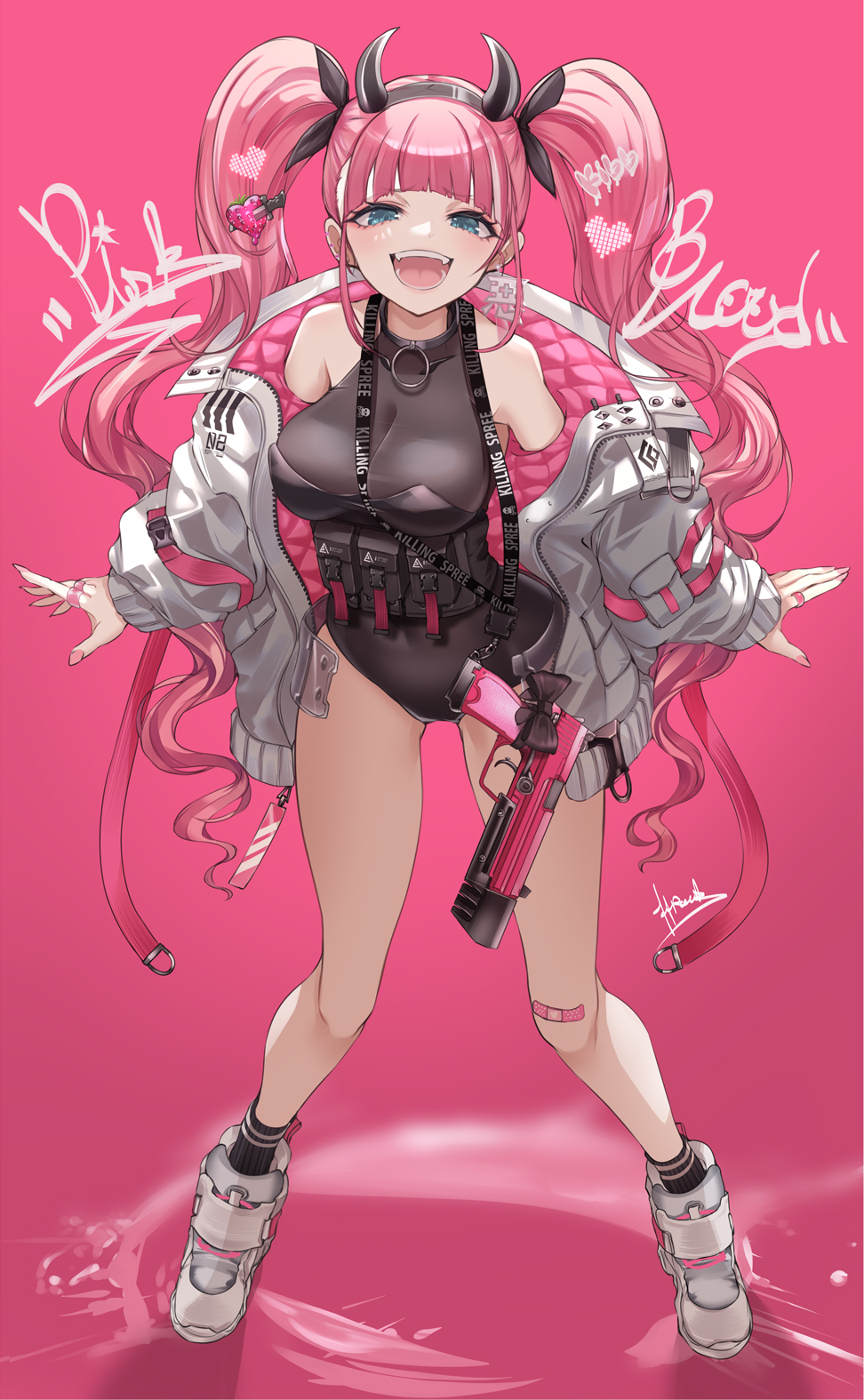 1girl ammunition_belt bandaid bandaid_on_knee black_bow black_choker black_legwear black_leotard black_ribbon blue_eyes bow breasts choker commentary ear_piercing eyelashes eyeshadow fake_horns fangs food-themed_hair_ornament full_body grey_jacket gun h&amp;k_usp h&amp;k_usp_match hair_ornament hair_ribbon hairband half_updo handgun heckler_&amp;_koch highres horned_headwear horns jacket jewelry knife_hair_ornament lanyard legs_apart leotard long_hair looking_at_viewer makeup medium_breasts multiple_rings nail_polish off_shoulder open_clothes open_jacket open_mouth original piercing pink_background pink_nails pistol ribbed_legwear ribbon ring shoes signature simple_background skin_tight smile socks solo standing strap strawberry_hair_ornament t-track teeth thighs twintails two-sided_fabric two-sided_jacket unzipped wavy_hair weapon white_footwear