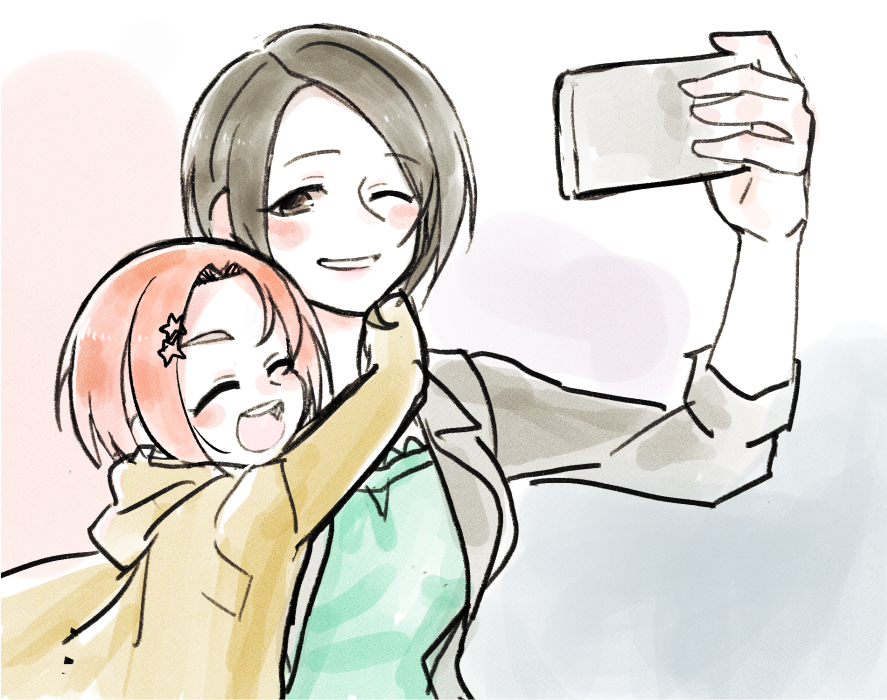 2girls ^_^ black_hair closed_eyes hair_ornament hairclip hood hooded_jacket hug idolmaster idolmaster_cinderella_girls jacket kenrouhoro0 multiple_girls one_eye_closed open_mouth orange_hair ryuuzaki_kaoru selfie short_hair smile teeth tougou_ai upper_body upper_teeth