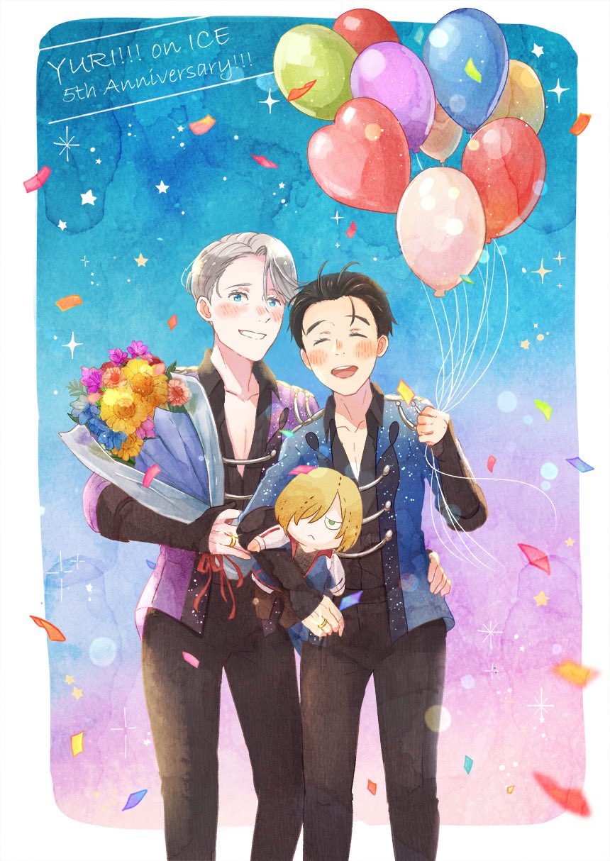 2boys ^_^ anniversary balloon black_hair black_pants black_shirt blue_eyes blush bouquet character_doll closed_eyes collared_shirt commentary_request confetti copyright_name flower hair_slicked_back hand_on_another's_hip highres jewelry katsuki_yuuri male_focus multiple_boys open_mouth pants ring shirt silver_hair smile sparkle twc_(p-towaco) viktor_nikiforov yuri!!!_on_ice yuri_plisetsky