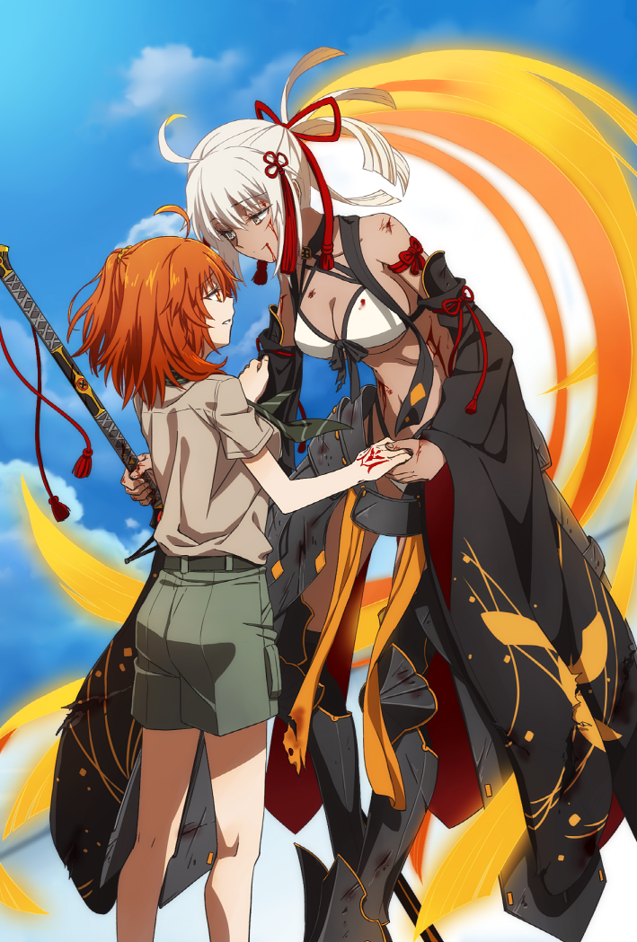 2girls ahoge armor bangs bare_shoulders belt blood blood_on_face blush breasts cleavage cloud cloudy_sky command_spell cuts dark-skinned_female dark_skin detached_sleeves eye_contact eyebrows_visible_through_hair fate/grand_order fate_(series) faulds fujimaru_ritsuka_(female) grey_eyes hair_ornament hair_scrunchie hand_on_another's_arm holding_hands injury large_breasts long_hair looking_at_another medium_breasts multiple_girls oiun okita_souji_(alter_swimsuit_saber)_(fate) okita_souji_(fate) one_side_up orange_eyes orange_hair scrape scrunchie short_hair sky smile sword thighs very_long_hair weapon white_hair wide_sleeves yuri