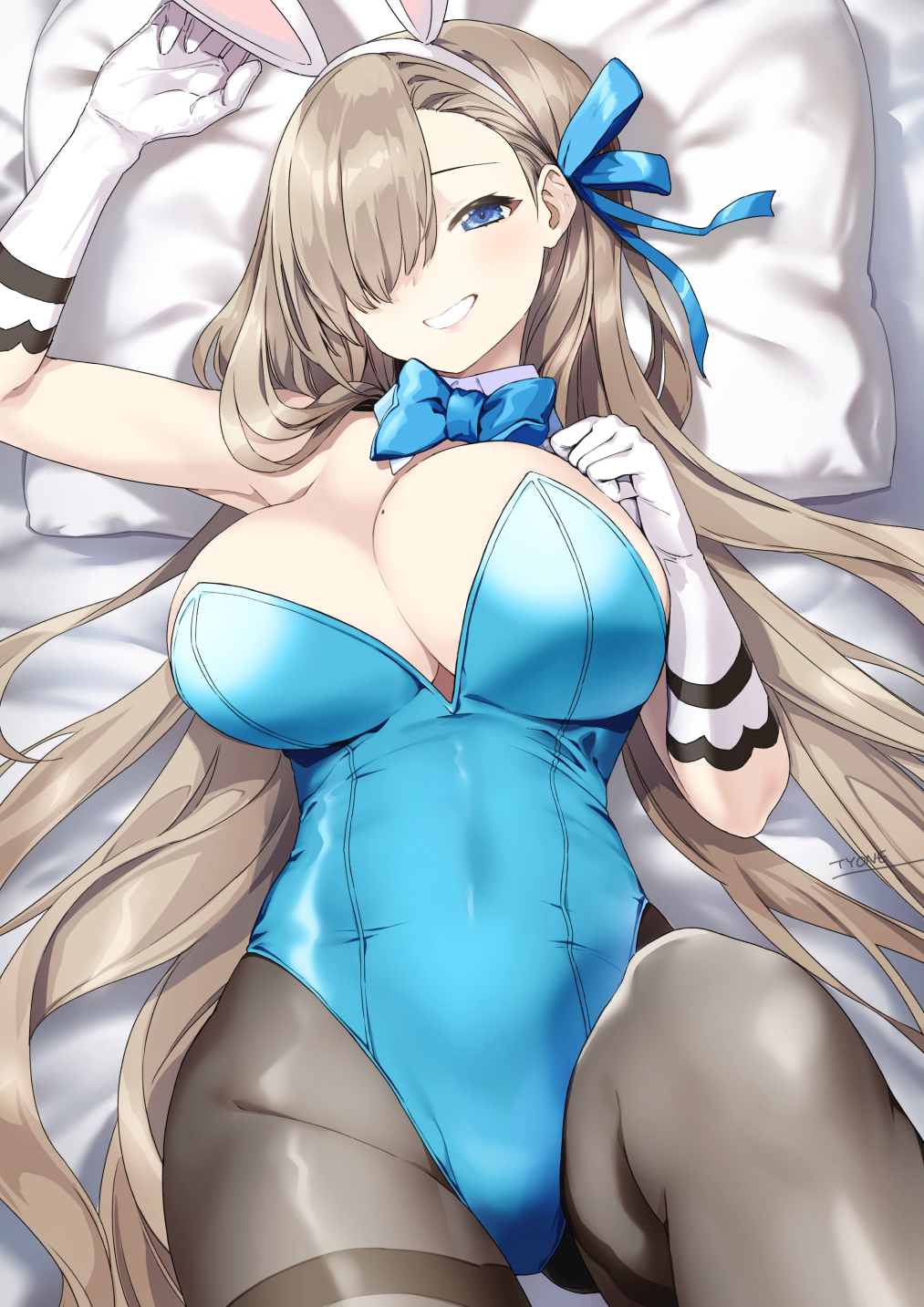 1girl animal_ears arm_up asuna_(blue_archive) bangs bare_shoulders bed_sheet black_legwear blue_archive bow bowtie breasts cowboy_shot detached_collar fake_animal_ears gloves hair_bow highres large_breasts leotard long_hair looking_at_viewer lying mole mole_on_breast on_back pantyhose pillow playboy_bunny purple_eyes rabbit_ears sleeveless smile solo tyone very_long_hair white_gloves