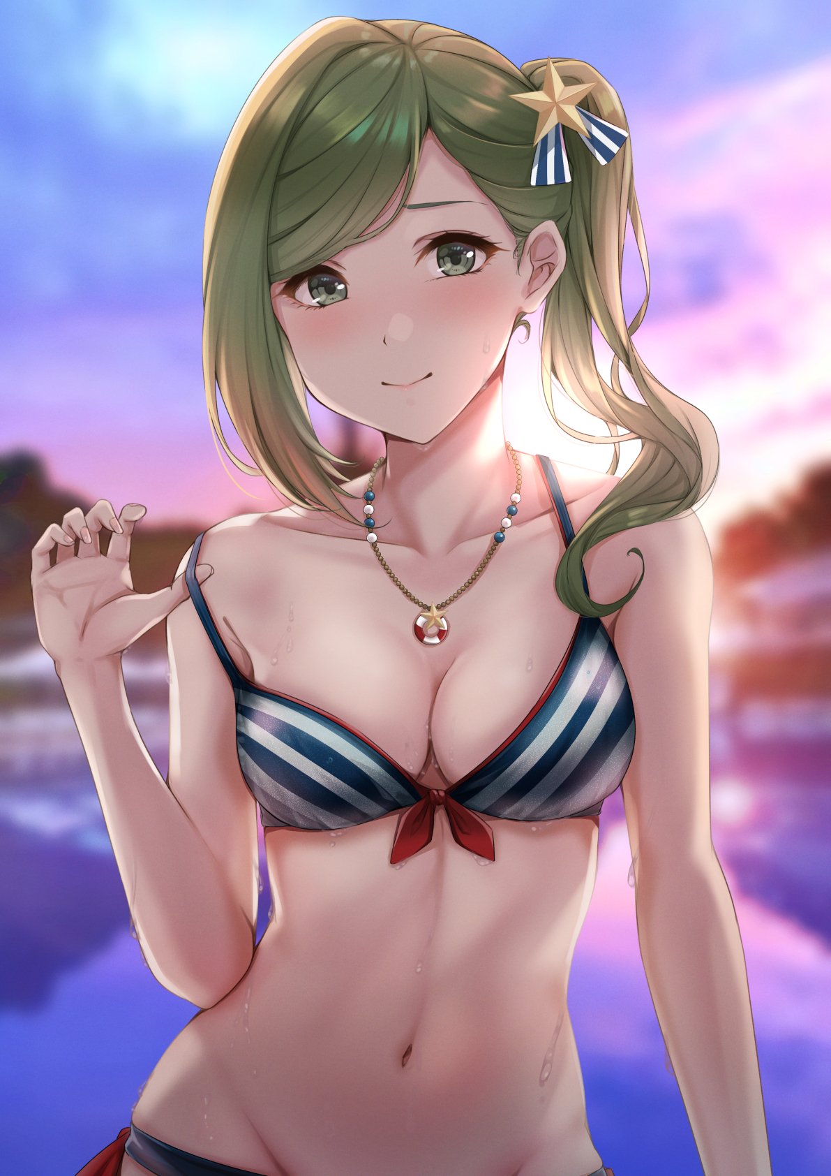 1girl bare_arms bikini blush breasts cleavage cloud collarbone commentary_request front-tie_bikini front-tie_top green_eyes green_hair groin hair_ribbon highres idolmaster idolmaster_shiny_colors jewelry lake long_hair looking_at_viewer medium_breasts nanakusa_hazuki navel necklace outdoors ribbon side-tie_bikini side_ponytail smile solo strap_pull striped striped_bikini striped_swimsuit sunset swimsuit twilight water wet wet_clothes wet_swimsuit yuzuyu_(hyui)