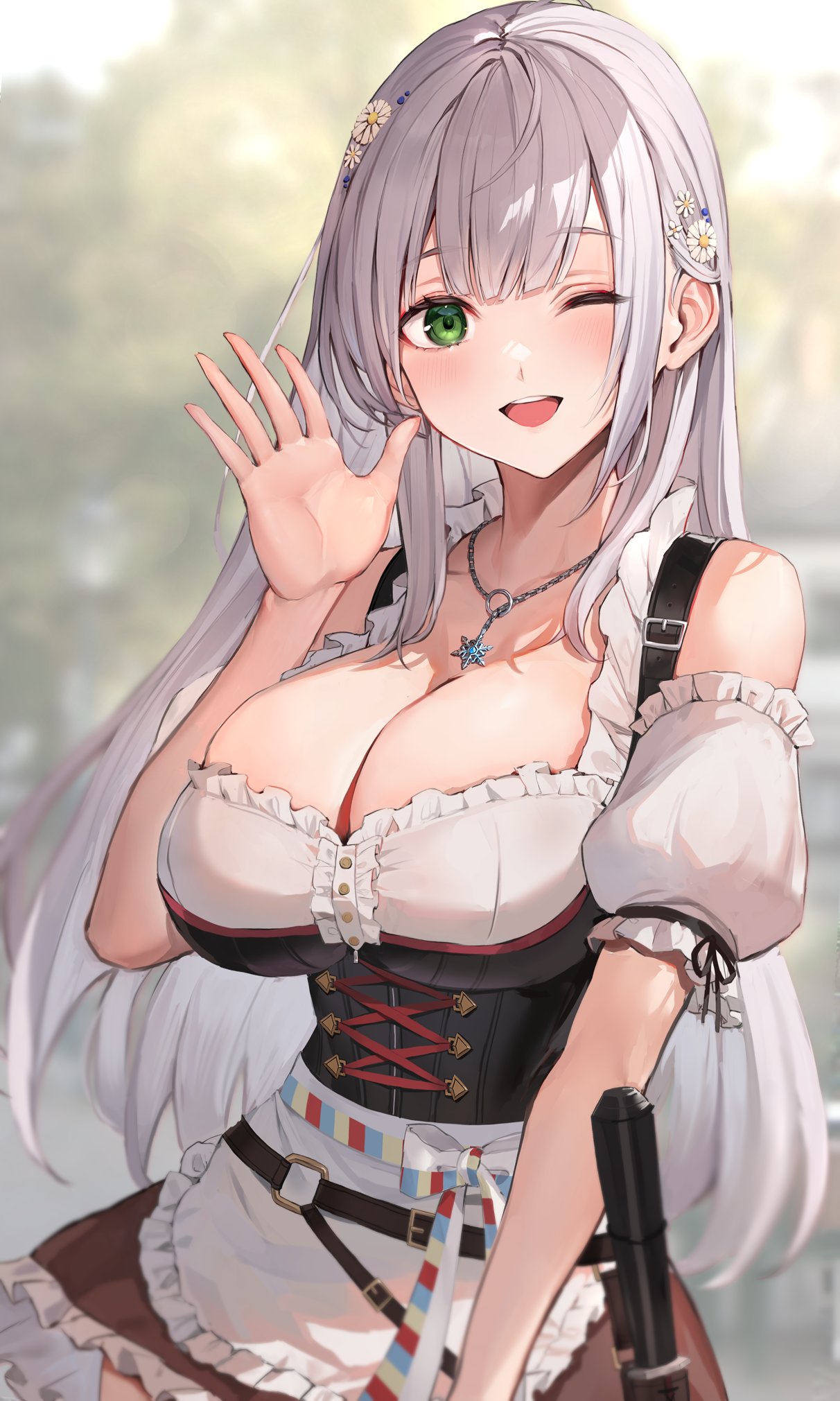 1girl ;d bangs blush breasts cleavage commentary corset dirndl flower german_clothes green_eyes hair_flower hair_ornament hand_up highres hololive jewelry large_breasts long_hair looking_at_viewer necklace official_alternate_costume one_eye_closed open_mouth oyu_(sijimisizimi) shirogane_noel smile snowflake_necklace solo teeth upper_teeth virtual_youtuber white_hair