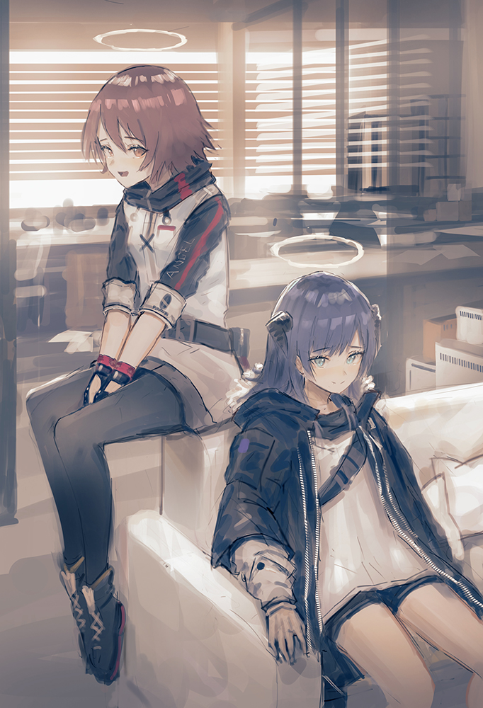 2girls arknights bangs black_gloves black_jacket black_legwear blue_eyes blue_hair closed_mouth couch demon_horns exusiai_(arknights) eyebrows_visible_through_hair feet_out_of_frame fingerless_gloves full_body fur_trim gloves halo horns indoors jacket long_hair long_sleeves mostima_(arknights) multiple_girls no_wings open_clothes open_mouth pantyhose red_eyes red_hair redstealth shirt short_hair sitting smile white_jacket white_shirt