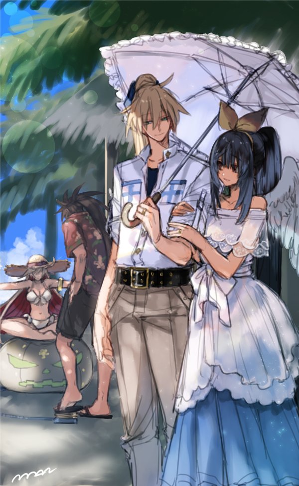 2boys 2girls angel_wings asymmetrical_wings bangs bare_shoulders beach belt blonde_hair blue_eyes blue_hair blue_sky bow casual cloud commentary_request couple dizzy_(guilty_gear) dress family guilty_gear guilty_gear_xrd hair_between_eyes hair_bow half-closed_eyes hat holding_another's_arm husband_and_wife jack-o'_valentine ky_kiske maka_(morphine) multicolored_hair multiple_boys multiple_girls palm_tree ponytail red_eyes ribbon sandals sketch sky sol_badguy straw_hat sunlight swimsuit tree two-tone_hair umbrella white_dress white_ribbon wings