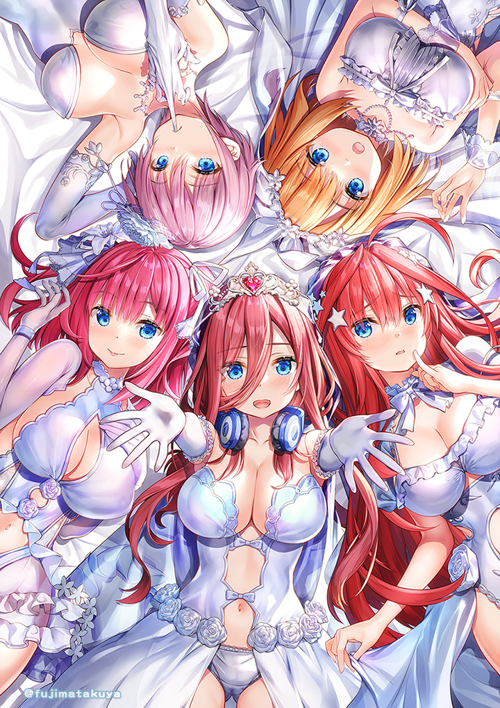 5girls :d :p ahoge arm_behind_head arm_under_breasts armpits bangs bare_shoulders bed_sheet blue_eyes blunt_bangs blush breasts bridal_veil brown_hair center_frills cleavage closed_mouth clothes_lift clothing_cutout collarbone commentary_request cover cover_page cowboy_shot dress dress_lift elbow_gloves eyebrows_visible_through_hair flower frills fujima_takuya glove_in_mouth gloves go-toubun_no_hanayome hair_between_eyes hair_ornament hair_ribbon headphones headphones_around_neck jewelry large_breasts leotard long_hair looking_at_viewer lying medium_hair mouth_hold multiple_girls nakano_ichika nakano_itsuki nakano_miku nakano_nino nakano_yotsuba navel navel_cutout neck_ribbon necklace on_back open_mouth orange_hair panties parted_lips pink_hair quintuplets reaching_out red_hair ribbon rose short_hair showgirl_skirt siblings sidelocks sisters sleeveless sleeveless_dress smile star_(symbol) star_hair_ornament strapless strapless_dress tiara tongue tongue_out twitter_username two_side_up underwear veil wedding_dress white_dress white_flower white_gloves white_panties white_ribbon white_rose wrist_cuffs wristband